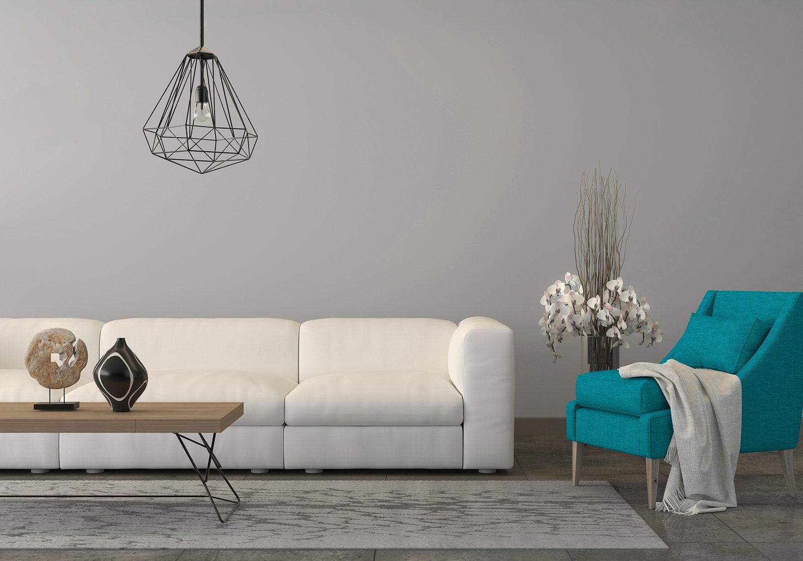 Letter box wide composition showing a turquoise armchair with a blanket over it, with flowers behind, a coffee table with decoration and a white sofa. There is a wire prendant over the table. Style is modern contemporary with industrial concrete polished floor, with a carpet and a light gray wall surrounding the scene. 3D render